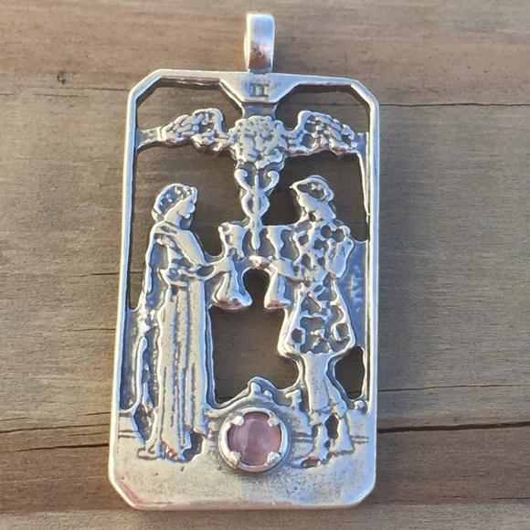 Wellstone Jewelry Jewelry - Two of Cups Tarot Pendant Sterling Silver Rose Qtz
